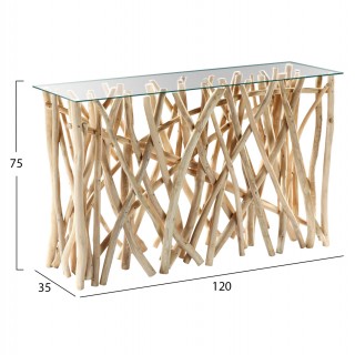 ΚΟΝΣΟΛΑ ΣΕ ΡΟΥΣΤΙΚ ΣΤΥΛ ΜΑΣΙΦ ΞΥΛΟ ΤEAK & ΓΥΑΛΙ ΦΥΣΙΚΟ 120X35X75Yεκ.HM9373