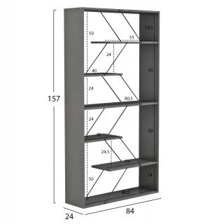 ΒΙΒΛΙΟΘΗΚΗ TARS HM2240.20 ΓΚΡΙ ΜΕΛΑΜΙΝΗ-ΜΑΥΡΕΣ ΜΕΤΑΛΛΙΚΕΣ ΒΕΡΓΕΣ 84x24x157Υεκ.