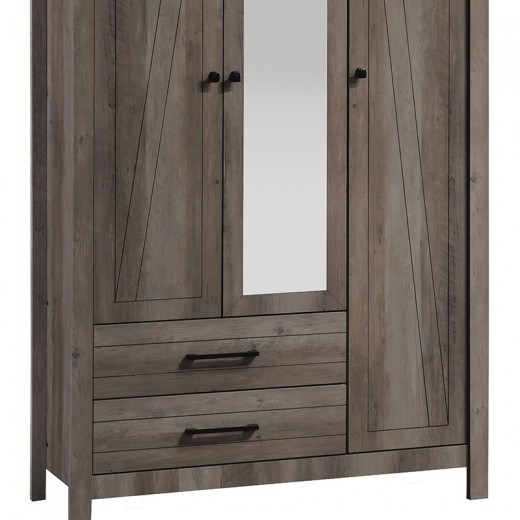 Ντουλάπα ρούχων Tara pakoworld τρίφυλλη καθρέπτης rustic oak 121x52x193εκ