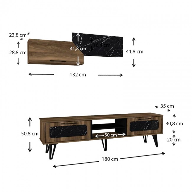 Σύνθεση τηλεόρασης Lampert Megapap από μελαμίνη χρώμα καρυδί - μαύρο εφέ μαρμάρου 180x35x51εκ.