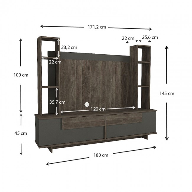 Σύνθεση τηλεόρασης Murano Megapap από μελαμίνη χρώμα σκούρο καρυδί - ανθρακί 180x35x145εκ.
