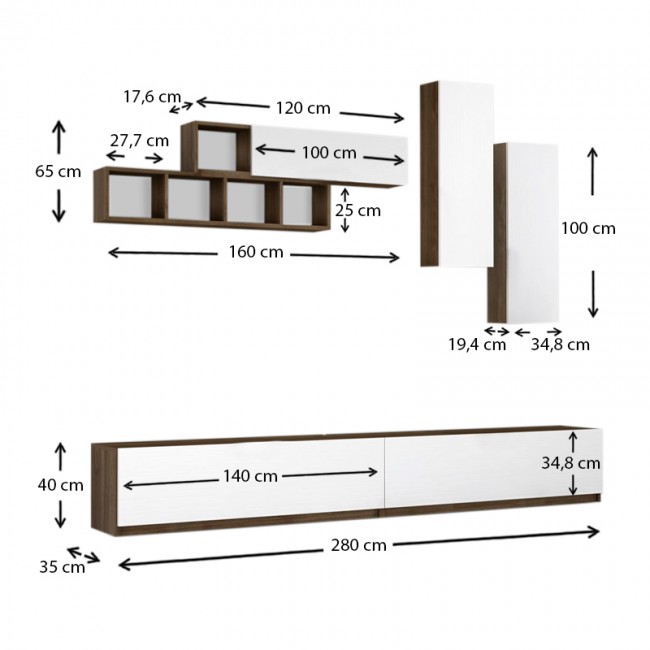 Σύνθεση τηλεόρασης Dona Megapap από μελαμίνη χρώμα λευκό - καρυδί 280x35x40εκ.