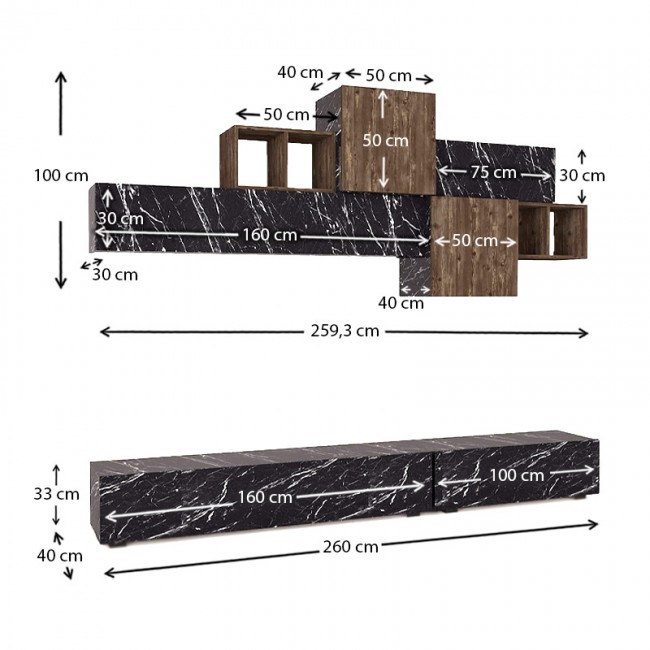 Σύνθεση τηλεόρασης Tromen Megapap από μελαμίνη χρώμα μαύρο εφέ μαρμάρου - μαύρο rebab 260x40x33εκ.